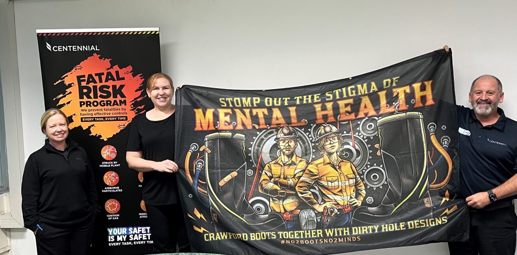 Anna, Veronica, Mick – taken at Newstan - showcasing the 'Stomp out the Stigma' of Mental Health Banner – 28 May